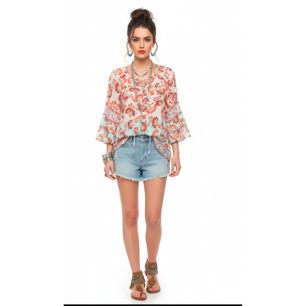 Democracy Floral Paisley Lace Up Boho Blouse Tiered Ruffle Bell Sleeve Medium
